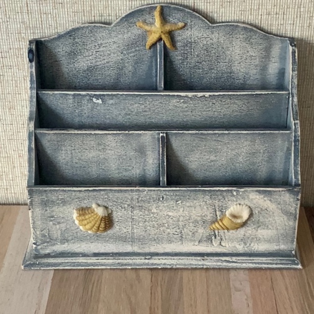 Rustic Blue Wooden Organizer with Seashell Accents